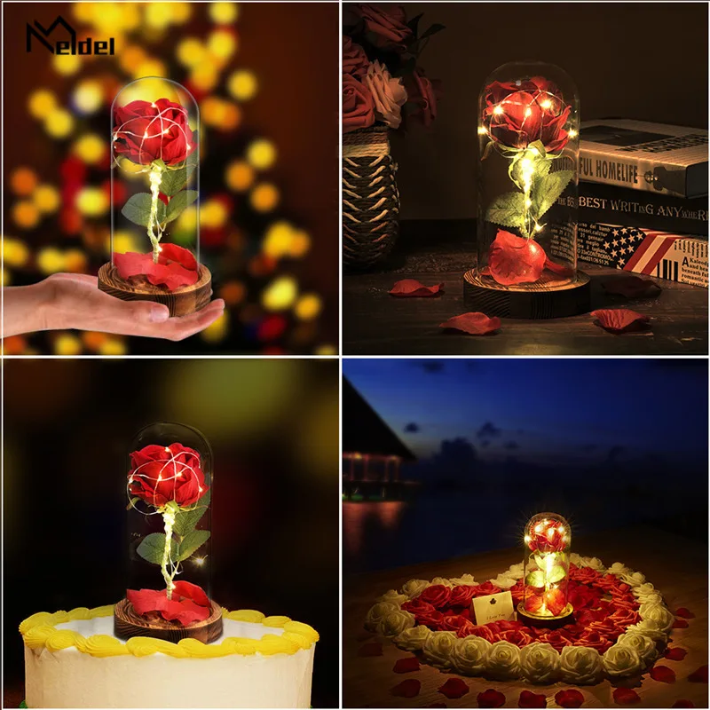 

Real Touch Artificial Flowers Silk Plastic Rose Branch in Flask LED Rose Bottle Lamp Festival Party Gift Box Fake Flowers Meldel