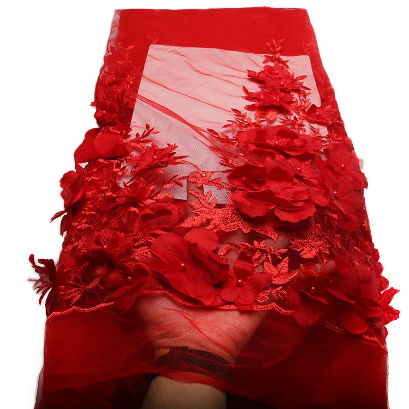 

Latest Red African Net Lace Fabric Applique With Beads Good Quality French Tulle 3d Lace Fabric For Party Dress AMY1032B-1