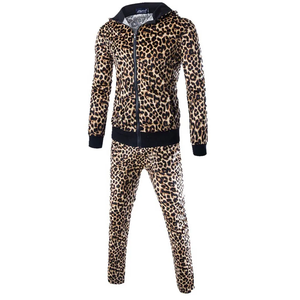 

Men Sports Suit Spring Autumn Leopard Print Sweatshirt Men Tops Pants Clothes Sets Male Sportswear Tracksuit Traje deportivo C2