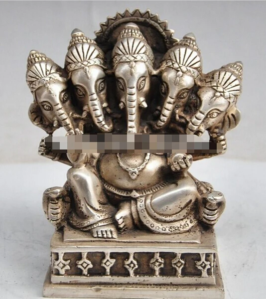 

SCY 1031+++ chinese Buddhism copper Plating -Silver 5 head elephant Mammon god Buddha statue