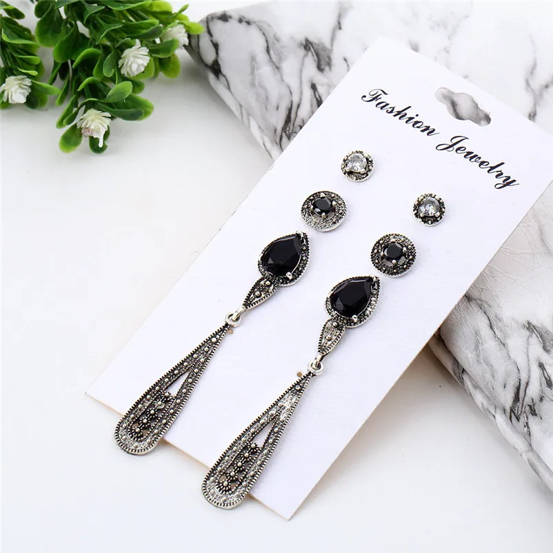 2018 Trendy stud earrings for Women Bohemia Black Long Retro Zircon 4 Pair Stud Earrings Set Combination Brincos J04#N (4)