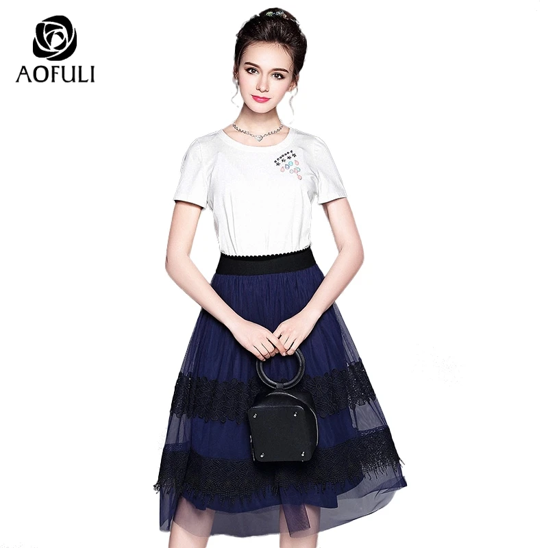 

AOFULI L- 5XL Pearl Star Sequined Lace Mesh Suits Plus Size Women Fashion Tee Skirt 2pcs Summer Leisure Clothing B5023