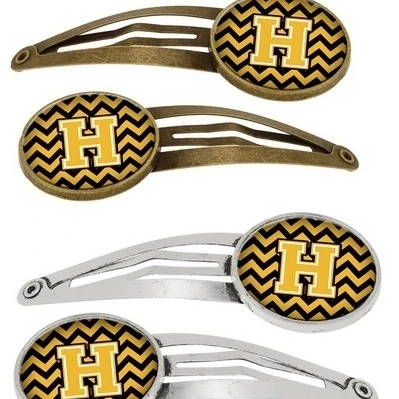 Carolines Treasures CJ1053-HHCS4 Letter H Chevron Black & Gold Barrettes Hair Clips Set of 4