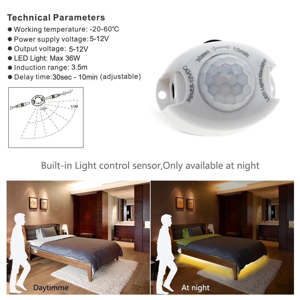  PIR Motion Sensor LED Strip Light DC12V LED Strip 5050 + Adapter + Motion Sensor Switch for DIY Bed