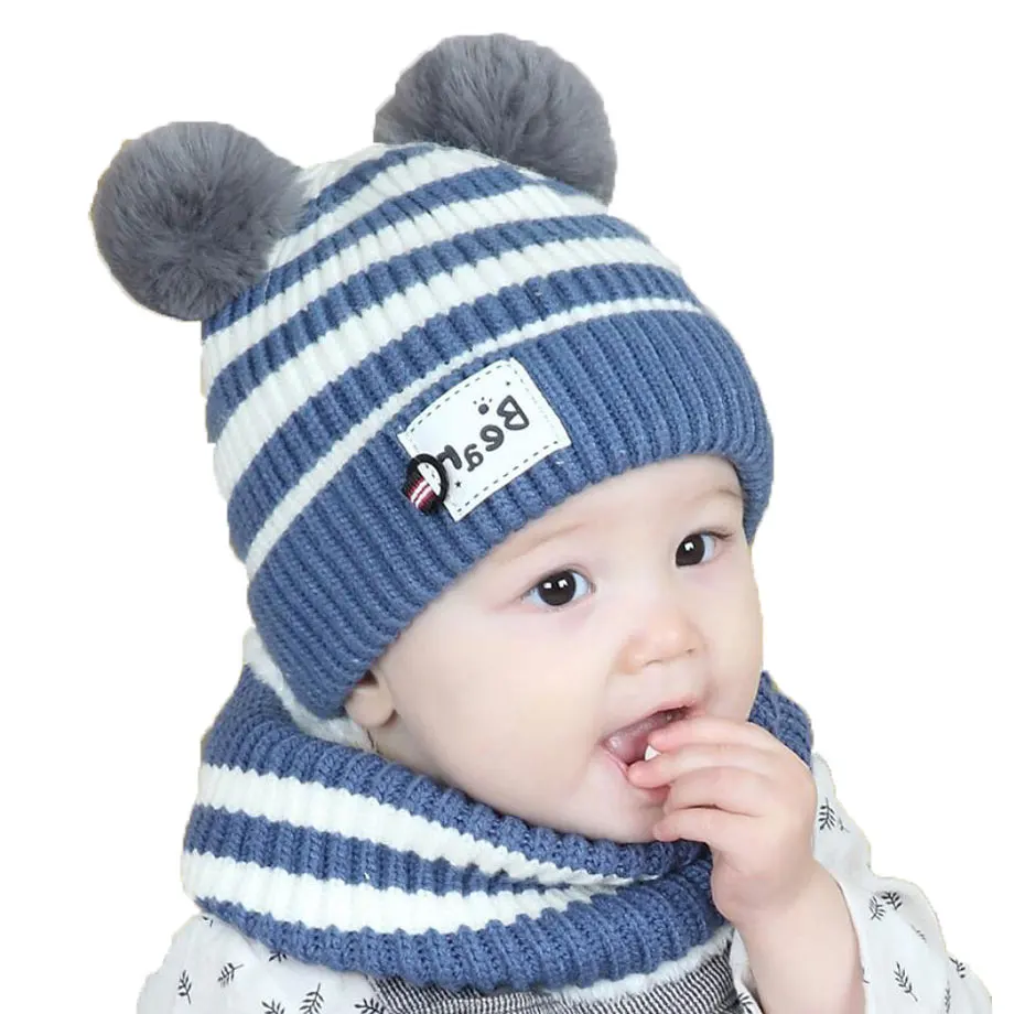 Зимний комплект для малышей, шапка и шарф для девочек, комплекты для детей, вязаные шапки в полоску с помпонами для мальчиков, шапка, кольцо, шарфы, теплый комплект из 2 предметов, M7079