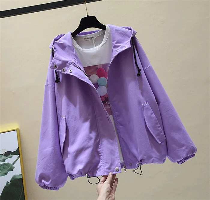 Женская куртка с капюшоном большого размера, весна-осень, новинка, одноцветная, свободная, на молнии, с карманами, повседневная, с длинным рукавом, пальто, ветровка для женщин - Цвет: Violet