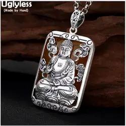 Uglyless Настоящее изысканное Серебряное украшение 999 унисекс Amitabha Будда кулон цепочки и ожерелья без цепи ручной работы квадратный халцедон