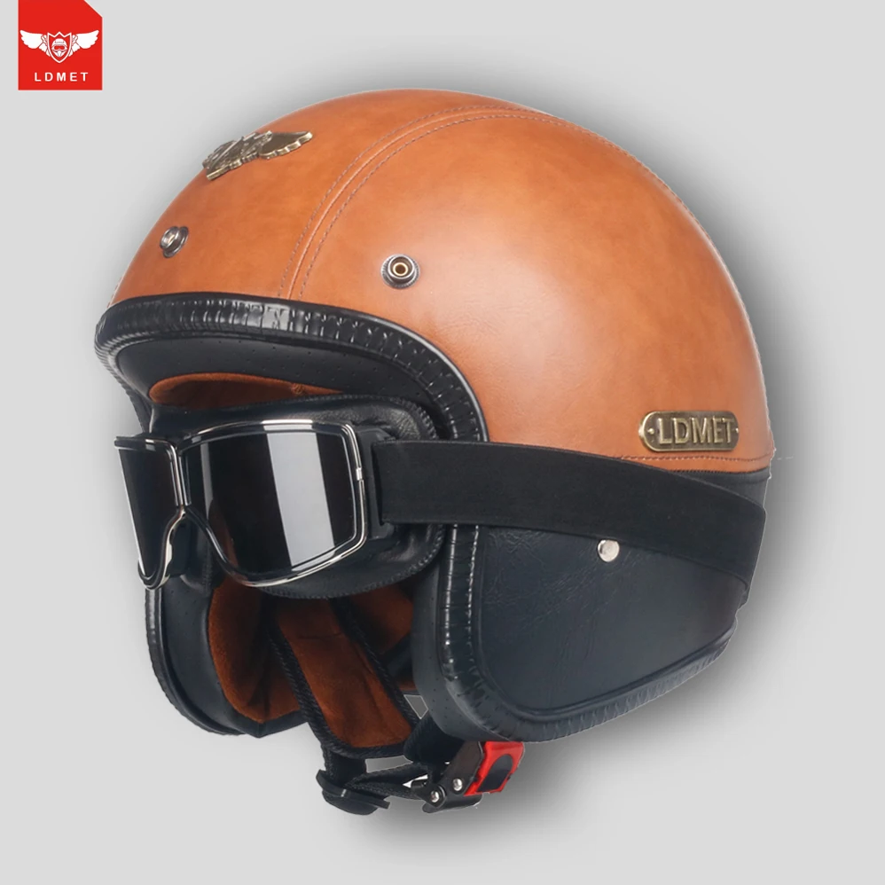 Мото rcycle шлемы ПУ с открытым лицом кожа Harley Кафе racer 3/4 Чоппер реактивный шлем