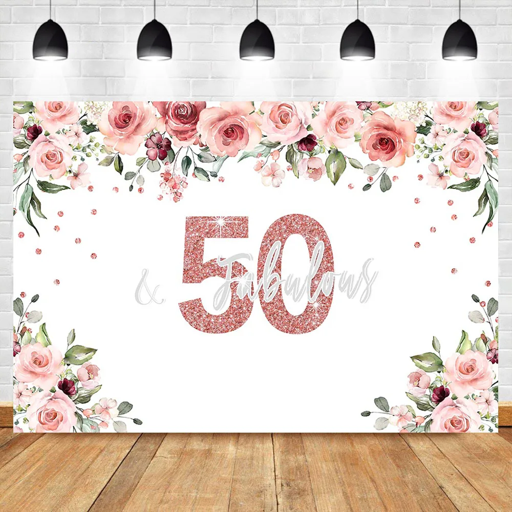 

NeoBack 50th Birthday Photo Backdrop Watercolor Flower Fifty Birthday Party Banner Rose Gold Vinyl Photography Background