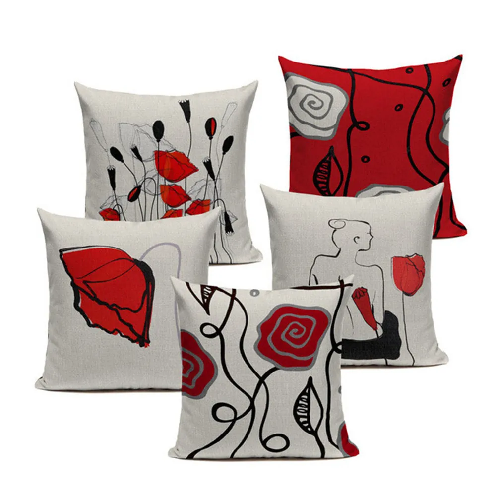

Personality Creative Red Black Flowers Pillow Case Linen Cushion Cover Car Sofa Seat Waist Home Decor 45*45cm Dropshipping