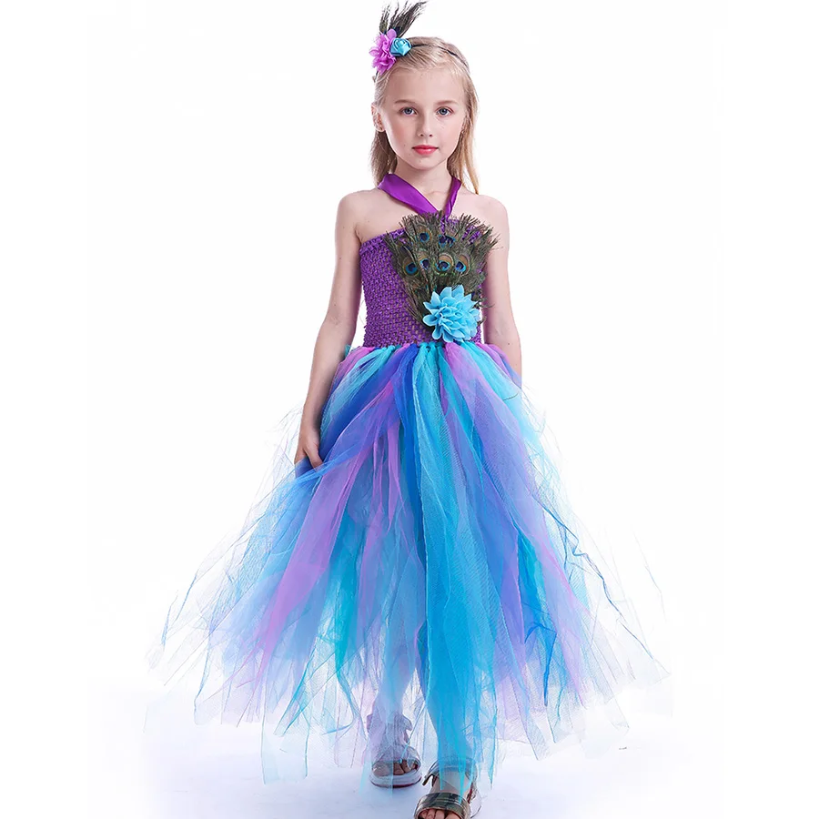 Pretty Peacock Feather Girls Flower Tutu Dress Wedding Birthday Party Halloween Purim Costume Kids Carnival Tutu Outfit (2)