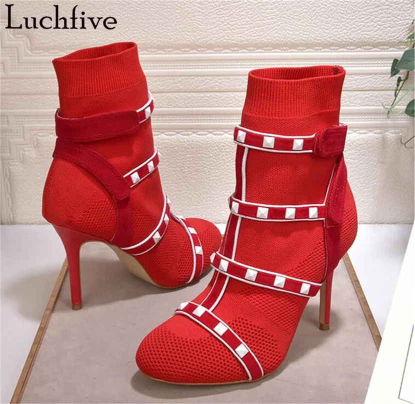 

Luchfive 2018 sexy red green Elastic Ankle Boots for Women High Heels Knitted white rivets studded stretch sock shoes women
