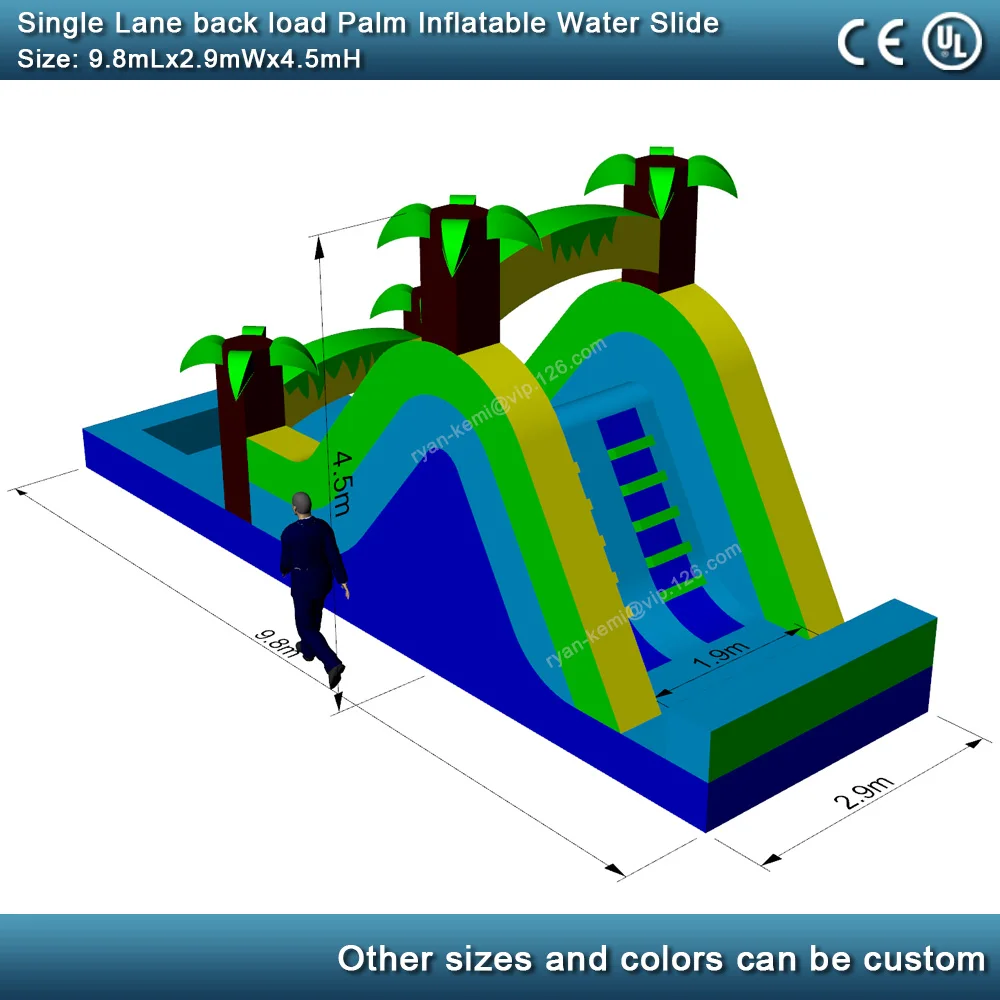 32ft single lane tropical style green palm inflatable water slide with pool for adults kids commercial inflatable wet slide dimension drawing