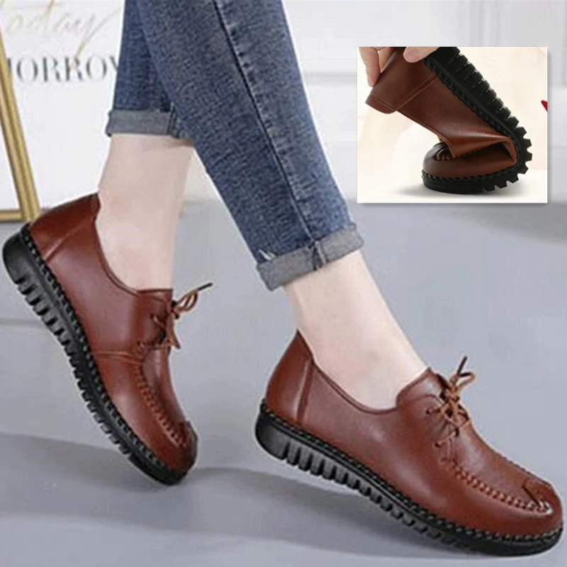 

Women Flat Loafers Genuine Split Leather Shallow Round Toe Black Ballet Female Sewing Slip on Mother Ladies Shoes Zapatos Mujer