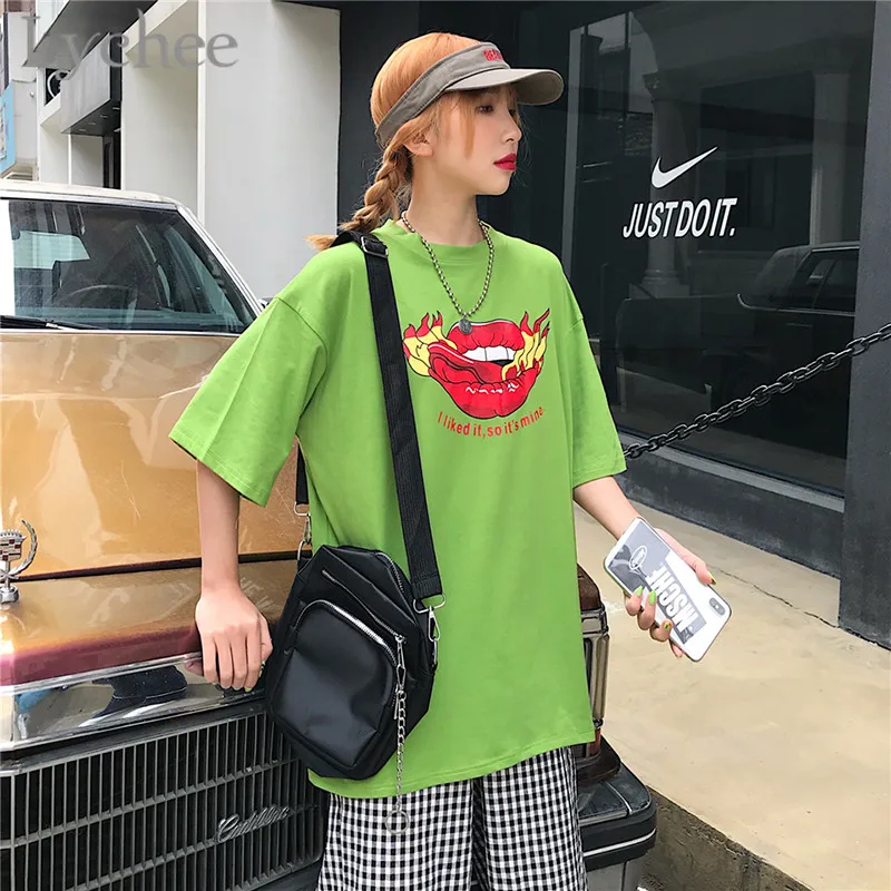 Женская футболка с надписью Lychee Harajuku летняя зеленая коротким рукавом и круглым