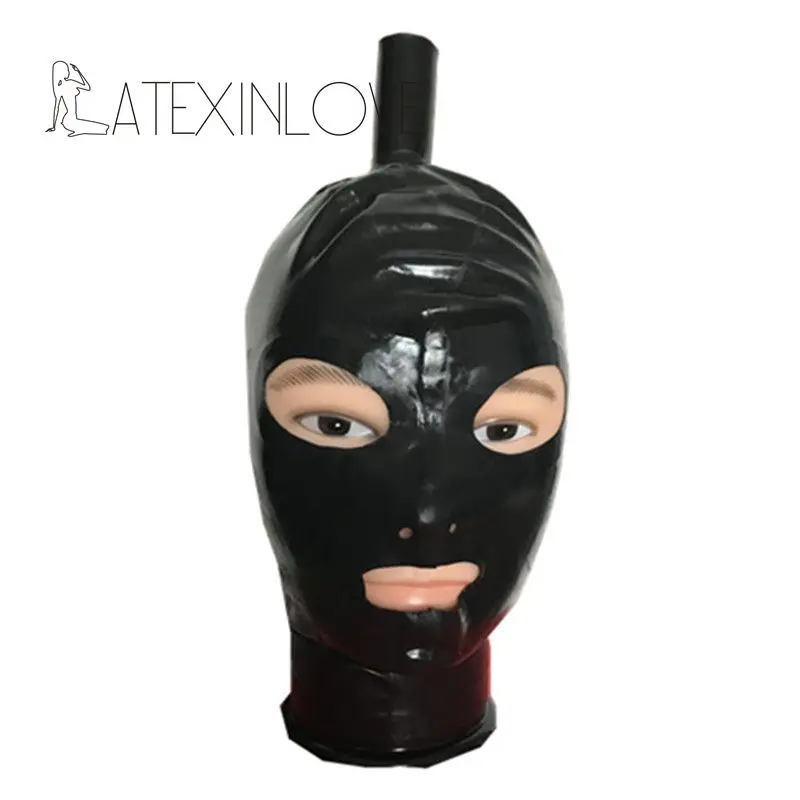 Open-Eyes-Mouth-Black-Natural-Latex-Hood-Rubber-Latex-Mask-with-Hair-Tube -2