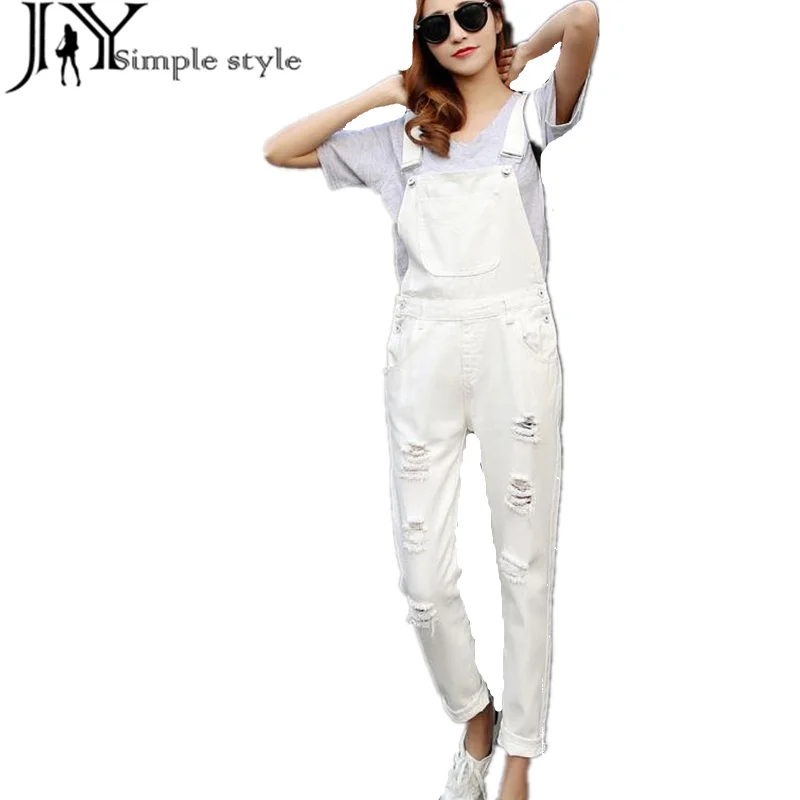 Classic Cute Frayed Denim Overalls Jeans Women jumpsuit Tight High Waist Ripped Denim Overalls