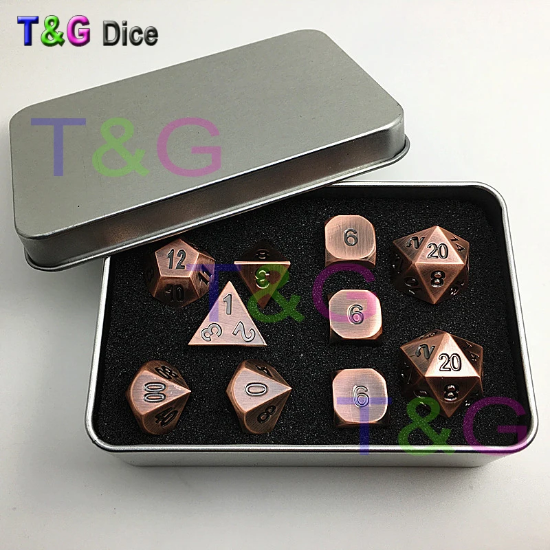 

10pcs/set Red Copper Color Metal Zinc Alloy Dice d4 3xd6 d8 d10 d12 2xd20 with Iron Box for Board Game Valentine's Day Gift