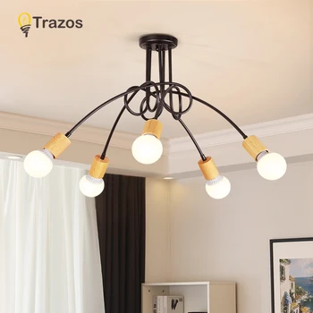 

TRAZOS 85-265V E27 Chander Wooden Lights Vintag LED Chandeliers Industrial Edison Chandelier Fixture White Not Included Bulb