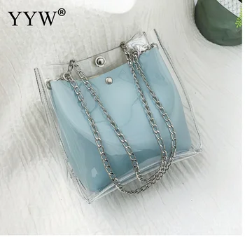 

2018 Summer Fashion New Bolsos Mujer Clear Handbag High Quality Plastic Transparent Women Bag 2pcs Phone Bag Chain Shoulder Bag