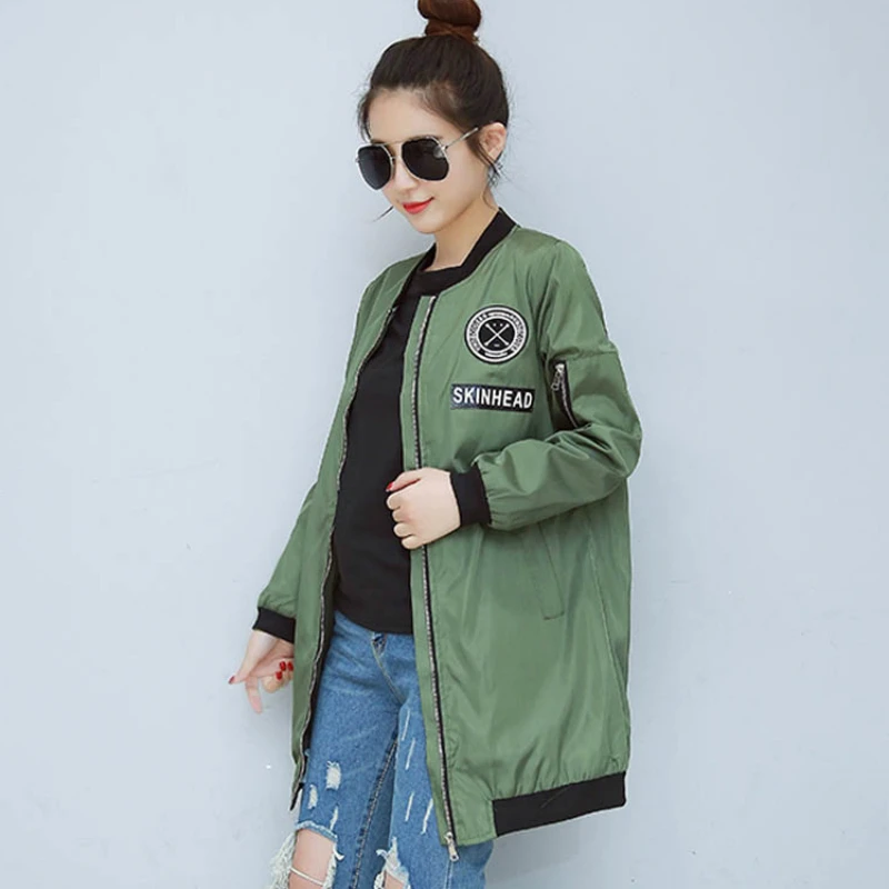 New Spring Army Green Long Bomber Jacket Women Fashion Stand Collar Basic Jacket Female Coats Women's Windbreaker Zipper Outwear