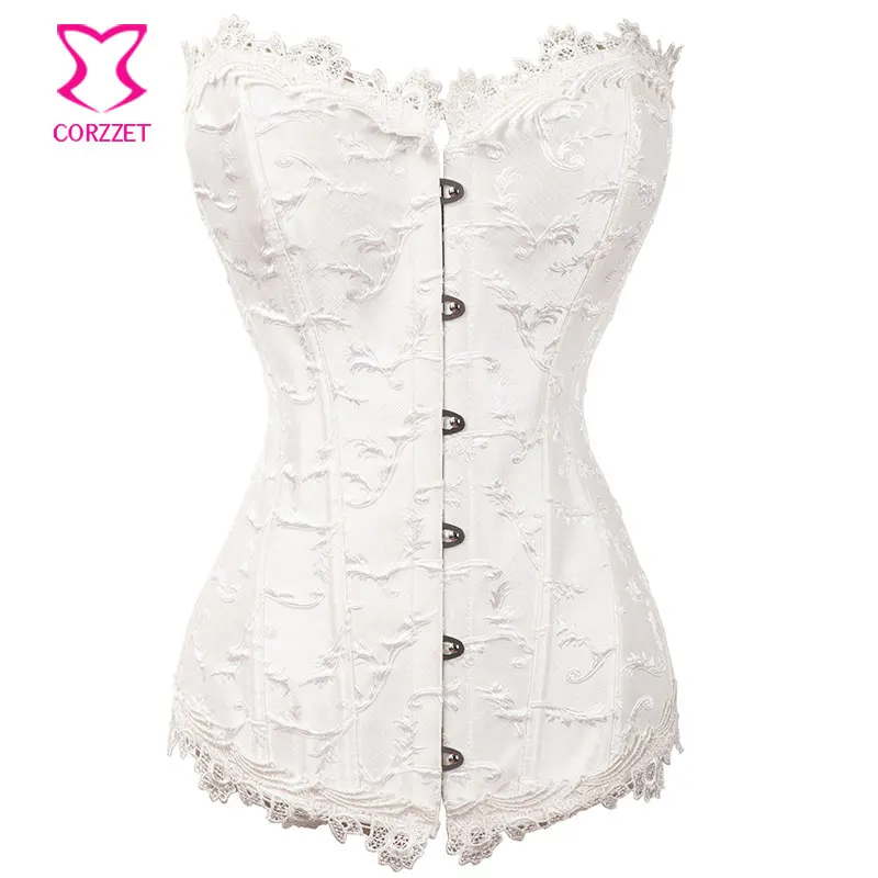 

Victorian Brocade Wedding Corset White Corselet Overbust Corpetes E Espartilhos Gothic Sexy Korsett Bridal Corsets and Bustiers