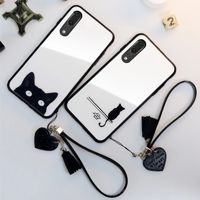 

BONVAN For Xiaomi Redmi Note 7 Tempered Glass Case Cute Cat Cover For Redmi 7 Funda on redmi note7 Pro Heart Tassel lanyard Case