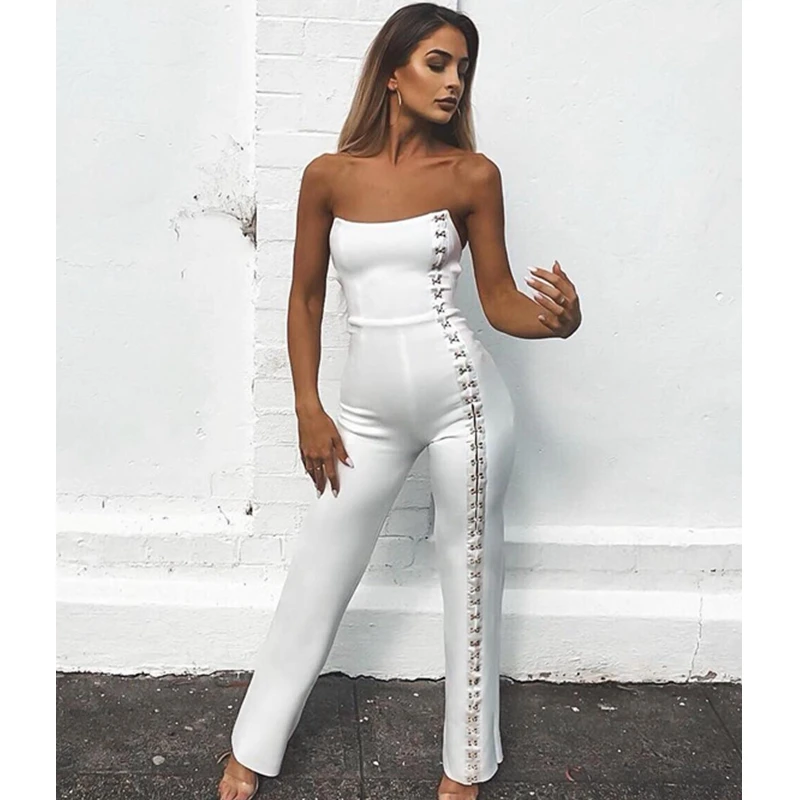 

Newest 2019 Summer Romper Fashion Solid White Jumpsuit Elegant Off Shoulder Beading Sexy Plus Size Women Bodysuit White Playsuit