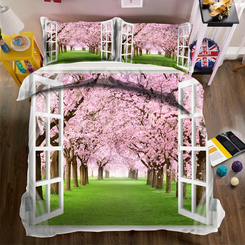 

Big tree full of pink flowers on the lawn outside the window 3d effect photo bed linen can be customized photo pattern