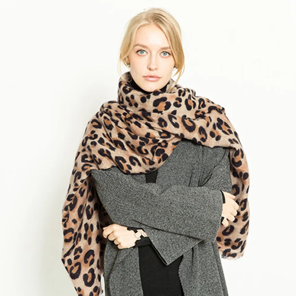 Зимний женский шарф, теплый, с леопардовым принтом, шерсть, длинная шаль, мягкий длинный шейный шарф, модный женский шарф