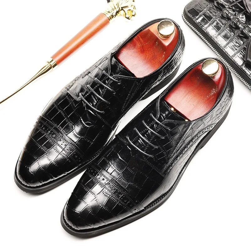 

New fashion Men's leather shoes crocodile pattern dress shoes low to help tie British wind business leather men's shoes