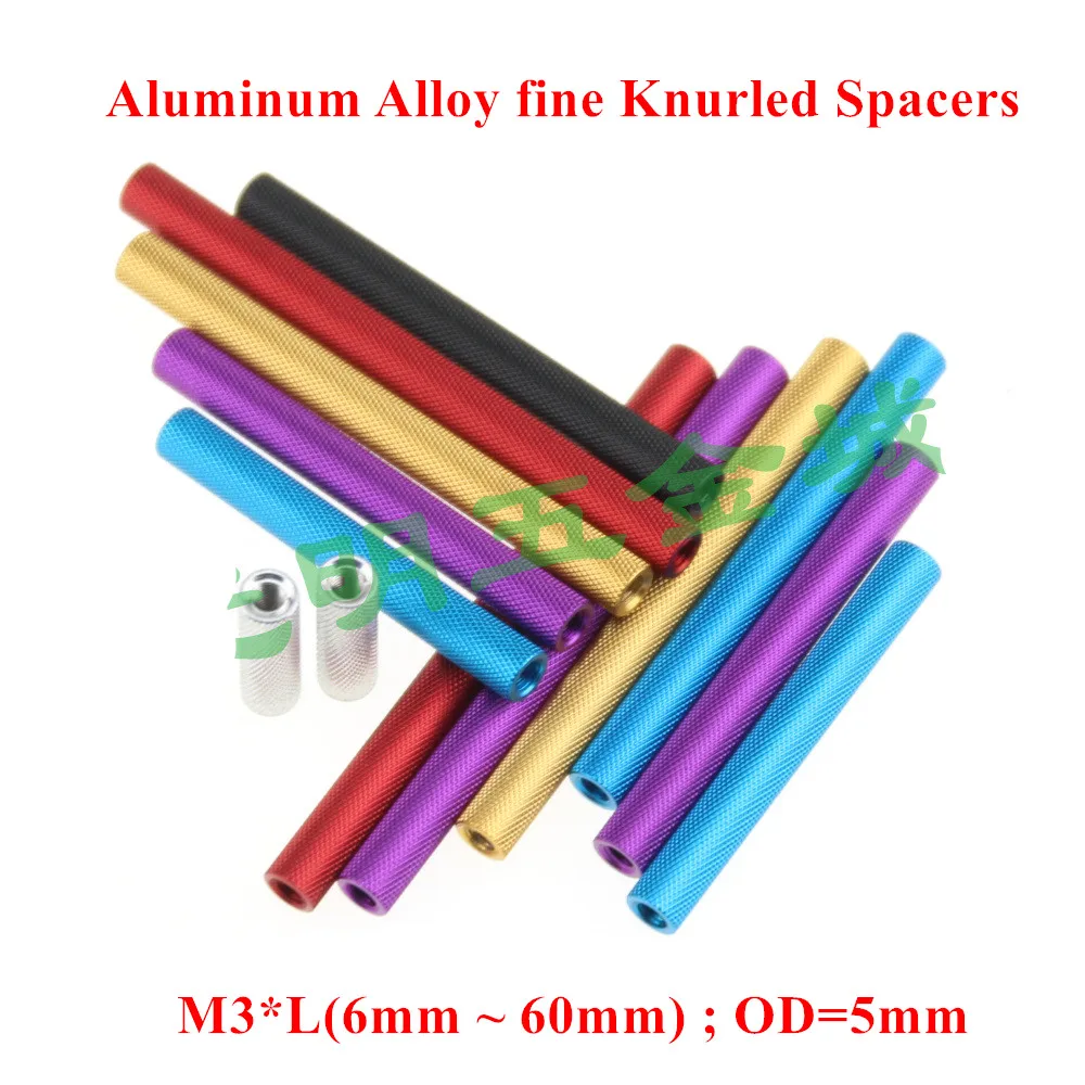 

10pcs M3*L Aluminum Alloy fine Knurled Diamond Round Standoff Spacers D=5mm RC Nuts Aircraft Anodized Red Black Purple Blue Gold