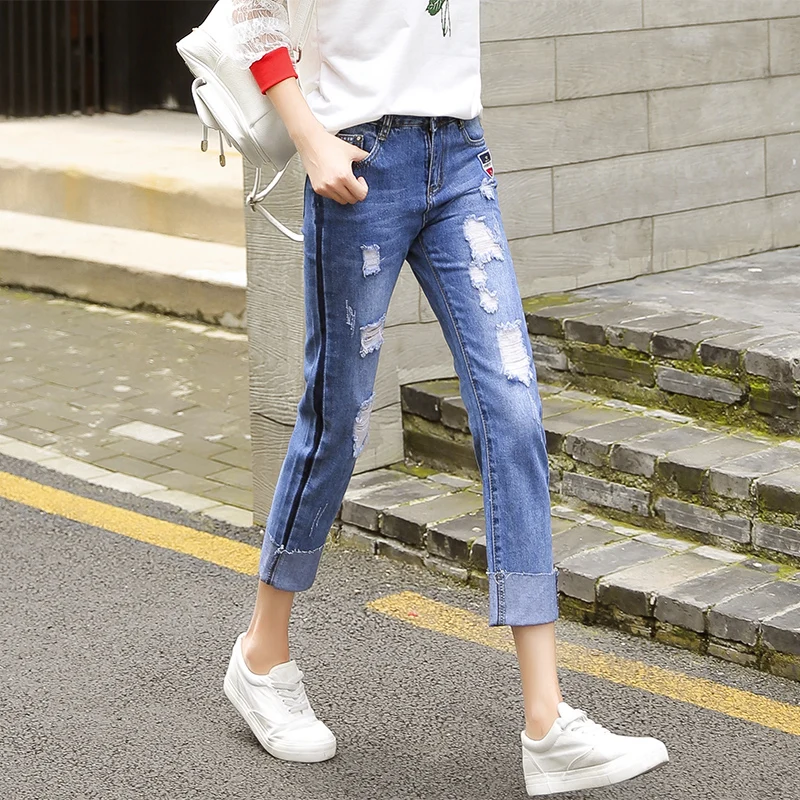 

CTRLCITY Cuffs Jeans Woman 2018 New Riped Casual Style Loose High Waist Ankle Length Wide Leg Jeans Pants Boyfriend Vestido
