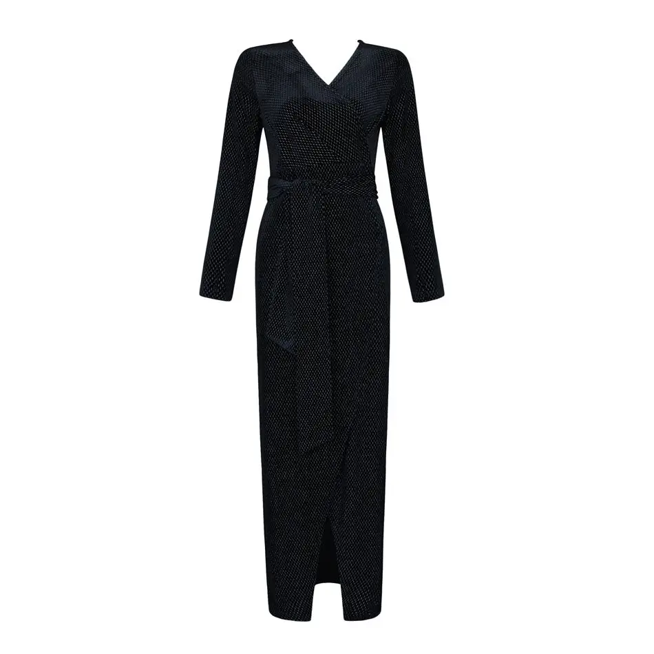 

Newest Celebrity Party Bandage Long Dress Women Black Long Sleeve V-Neck Sexy Split Night Out Club Maxi Dress Women Vestidos