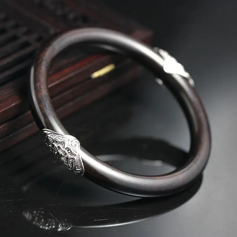 

Retro Thai Silver Jewelry Wholesale Handmade Silver Inlay Mahogany Ebony Bangle S925 Sterling Silver Lotus Peony Women Bangle