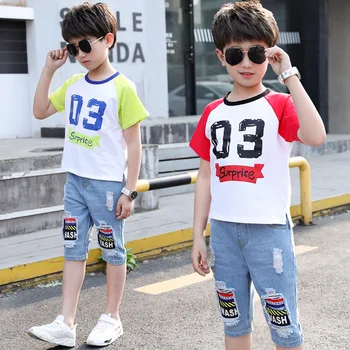 

Teenagers Boys Summer Clothes Set 2019 Fashion Handsome Kids Patchwork Letter T-Shirts+Denim Shorts Suit Children Clothing
