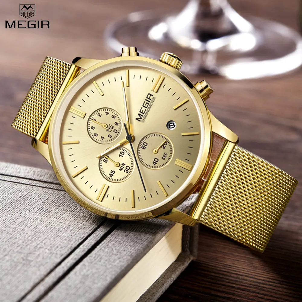 

MEGIR Chronograph men's quartz-watch stainless steel mesh band gold watches Slim men watches Multi-function sports Wristwatches