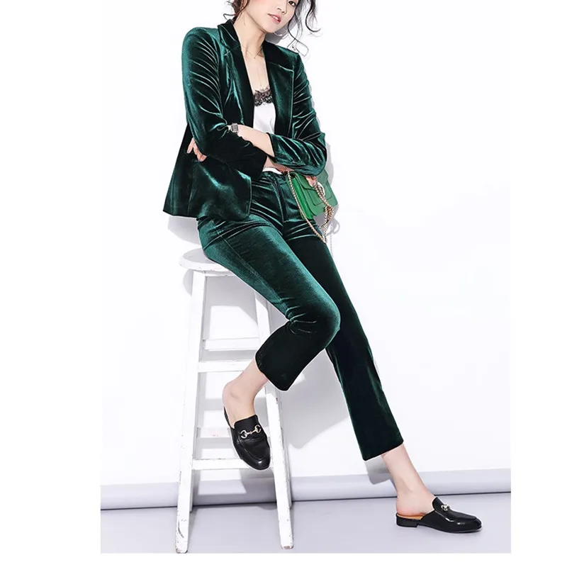 2 (1)       99          Velvet Pant Suits Women pant suits Spring New High Street Shine Velvet Pant Suits Navy Blue and Dark Green