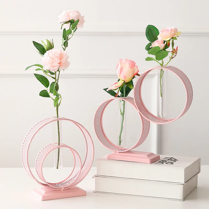 Металлическая розовая ваза для цветов, креативная Геометрическая железная художественная прозрачная стеклянная ваза для гидропоники, украшение для рабочего стола, контейнер для зеленого лотоса