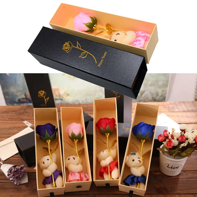 

Romantic Beautiful Artificial Rose Gold-Plated Rose Soap Flowers Gift Boxed with Little Bear Valentine'S Day Wedding Gift