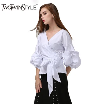 

TWOTWINSTYLE Bowknot Women's Blouse Plaid V Neck Lantern Sleeve Belt High Waist Shirts Top Summer 2020 Fashion Sweet Clothing