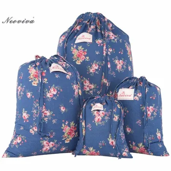 

Neoviva Drawstring Bags for Laundry in Trips, Pack of 4 in Different Sizes, Floral Royal Blue Flower Print Vintage Storage Bags