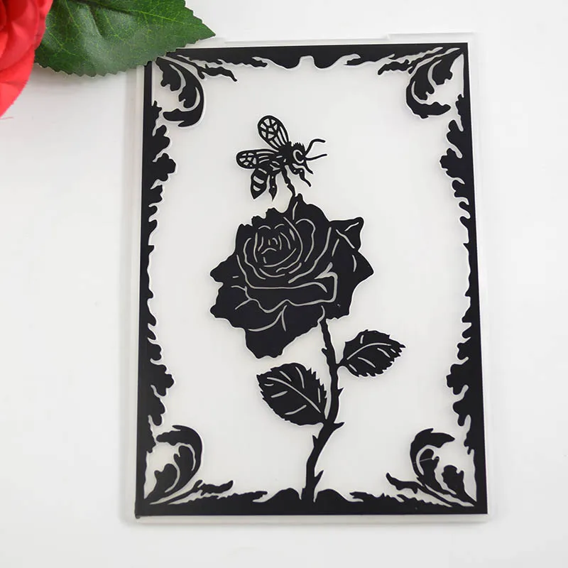 

Bee on the rose flower bud plastic embossing folder for card making stationary paper crafts stencil cutting die background