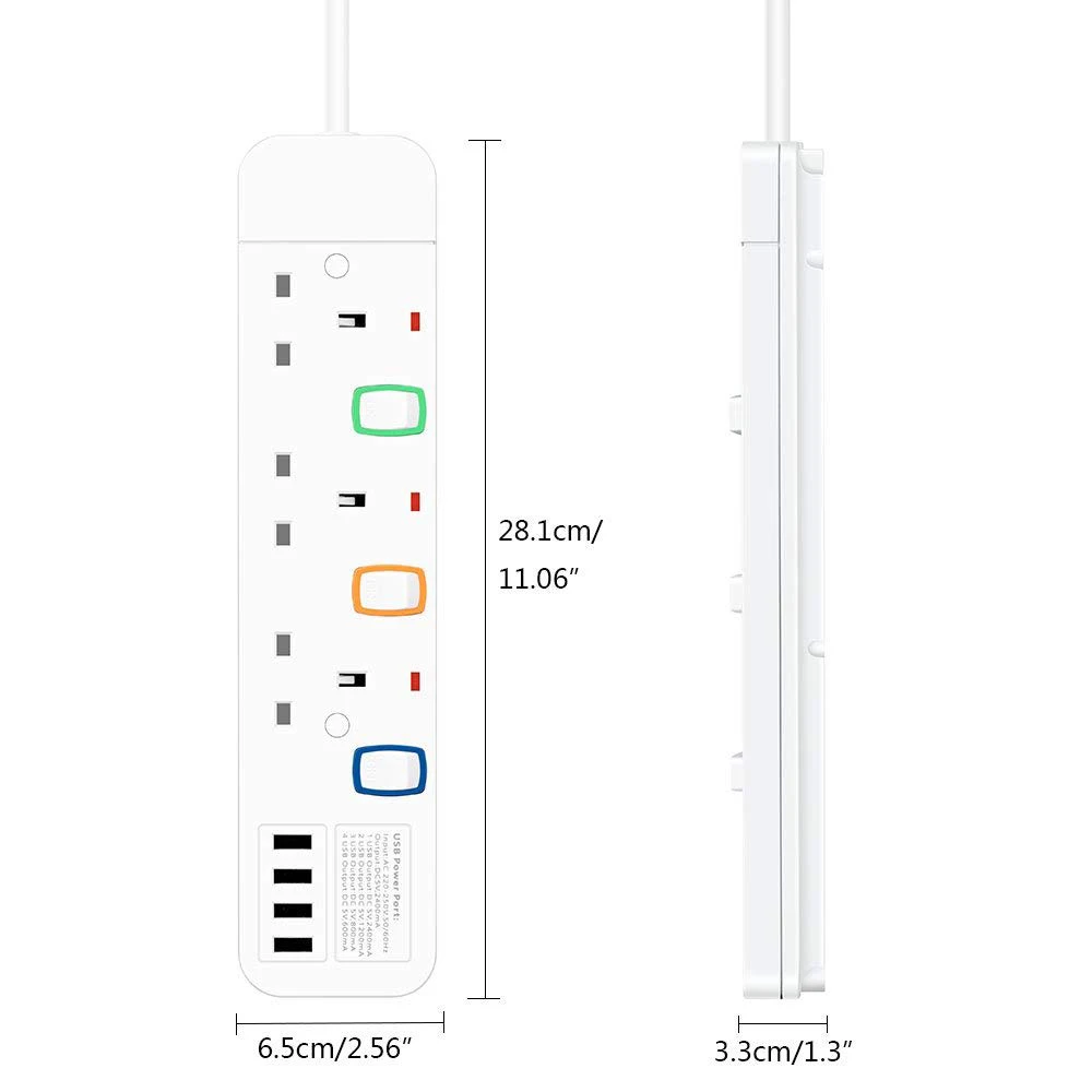 Удлинитель на 3/4/5/6 розеток переменного тока 4 USB порта макс. 3250 А медный удлинитель