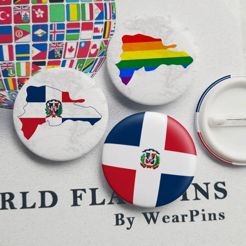 

Dominican Republic Flag Map Tin Button Pins LGBT Gay Rainbow Pride Tin Button Badges