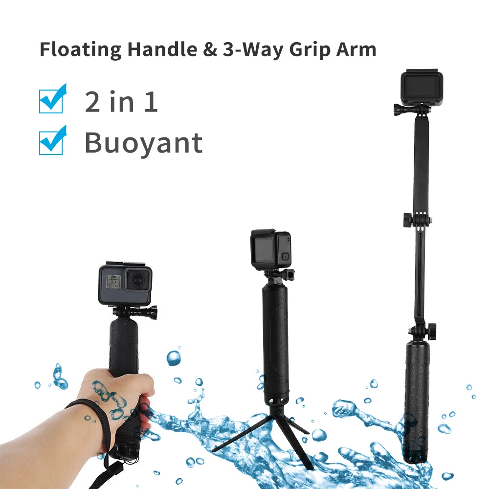 TELESIN Waterproof Selfie Stick Floating Hand Grip +3-Way Grip Arm Monopod Pole Tripod for GoPro Xiao YI SJCAM DJI Osmo Action-1