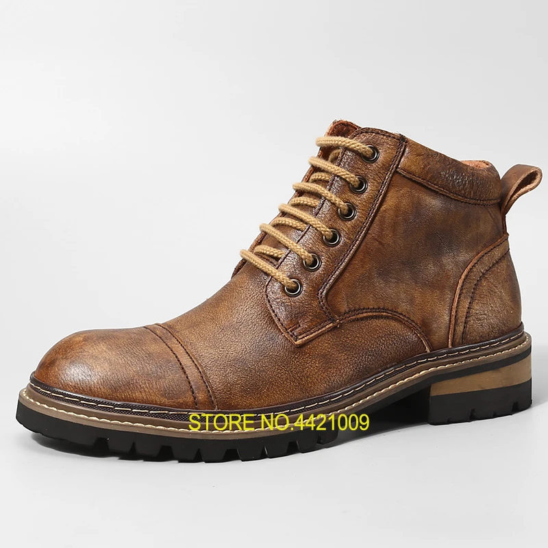 

New arrival outdoor short boots round toe real leather Martin boots retro brown color thick heel ankle booties drop shipping