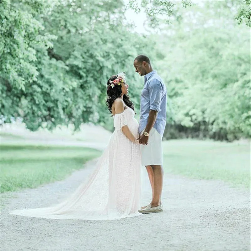  Women's Floral Lace Short Sleeve Photography Fly Sleeves Off Shoulder Long Dress Lace Maternity Dresses Photo Shoot C10% (7)