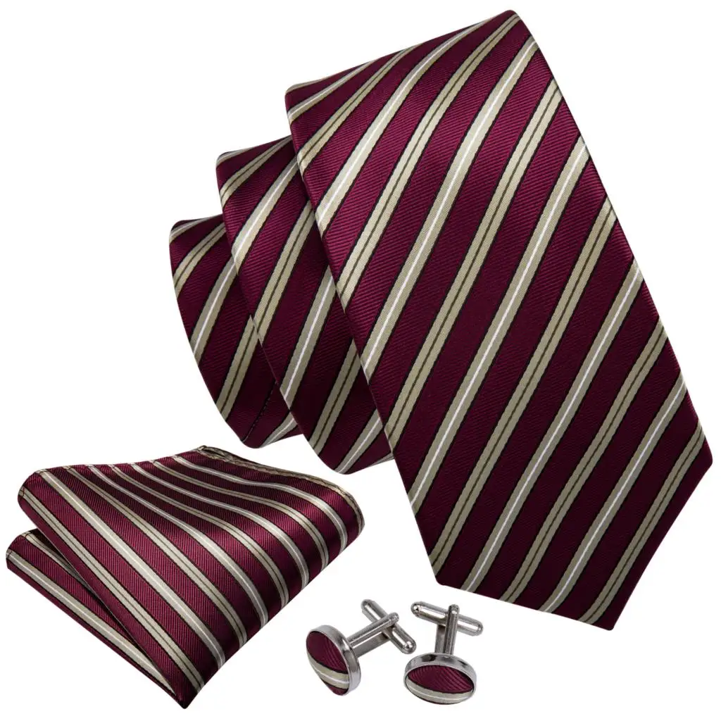 Мужские галстуки в полоску, красный Шелковый галстук, желтый галстук, набор, карманные Квадратные запонки, классический галстук на шею для бизнеса, свадьбы, Барри, Ван, FA-5185