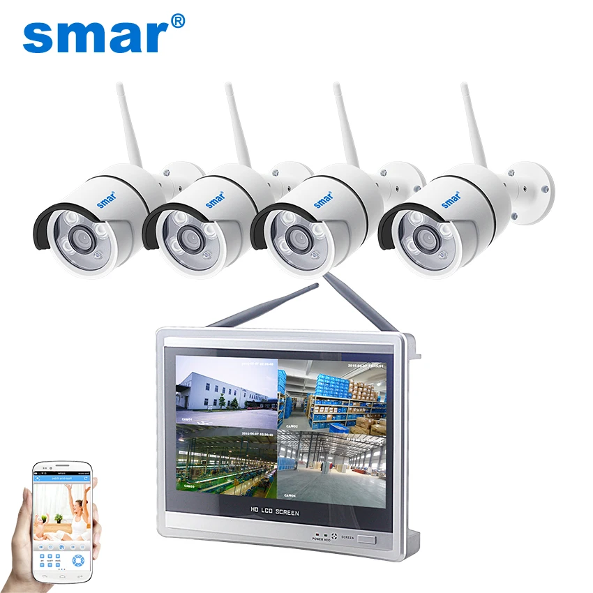 Smar 4CH CCTV Системы Беспроводной 720P/1080P 12 дюймов NVR безопасности Камера ИК Открытый P2P